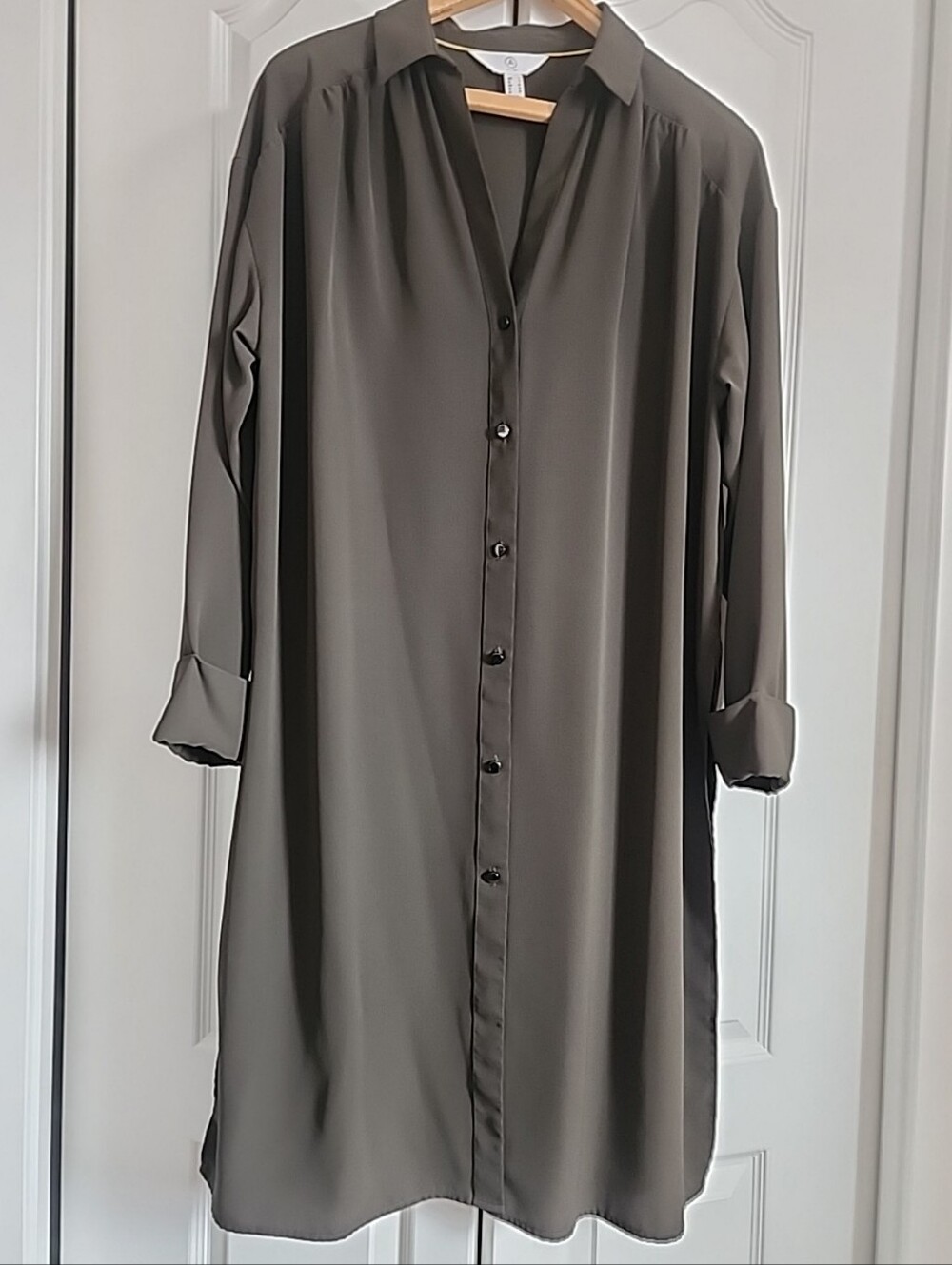 Boho Longline Flowy Olive Green Tunic Top w/ Side Slits. Size 1X. See Video